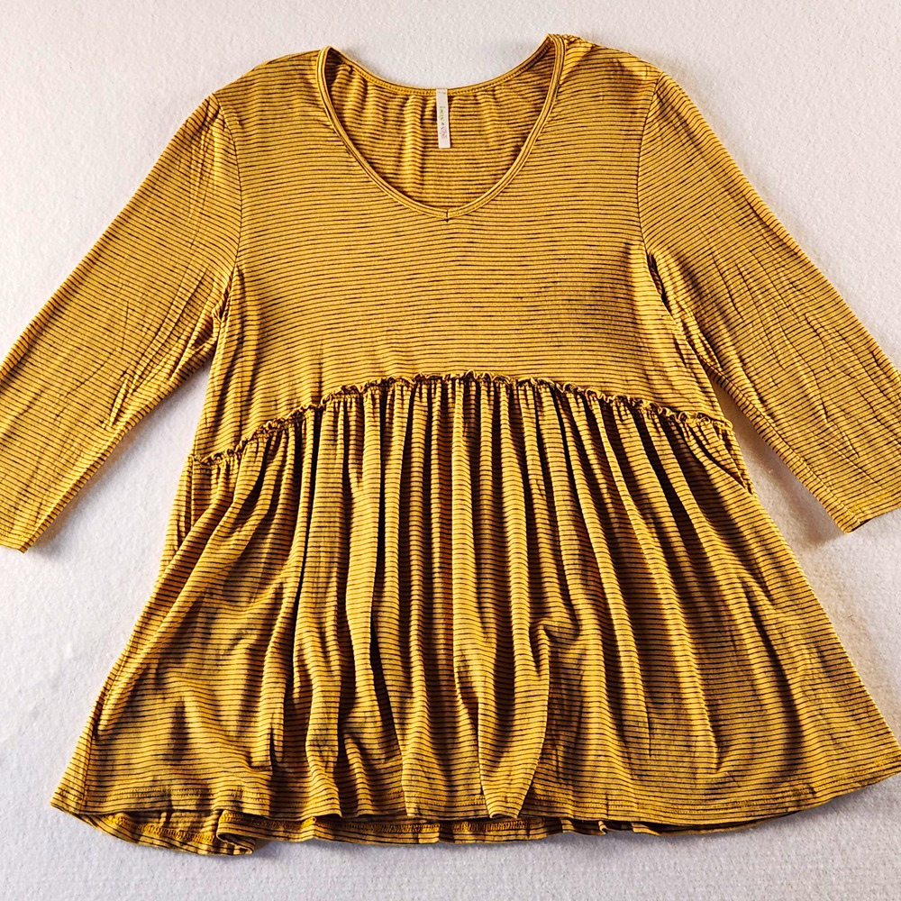 Lime & Chili Mustard/Black Striped Babydoll Knit Top Ruffle 3/4 Sleeve Size L